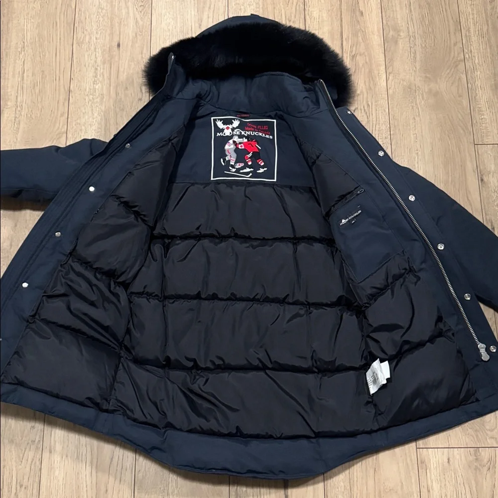 Moose Knuckles Shearling Trim Navy Blue Winter Parka Men’s Medium Authentic